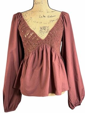 ASOS Crochet-Front Long Puffy Sleeve Peasant Blouse Xhocolate Brown EC size. 8